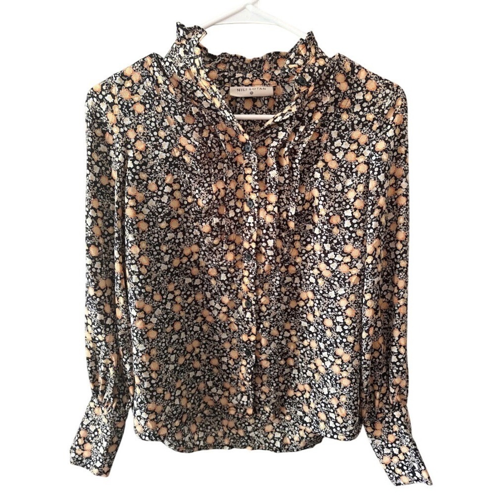 Nili Lotan for Target Floral Ruffle Neck Blouse Black Orange XXS E0230